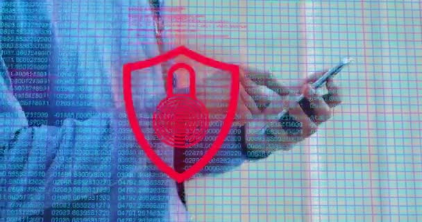 Animation Fingerprint Padlock Shield Grid Pattern Caucasian Man Using Cellphone — Stock Video