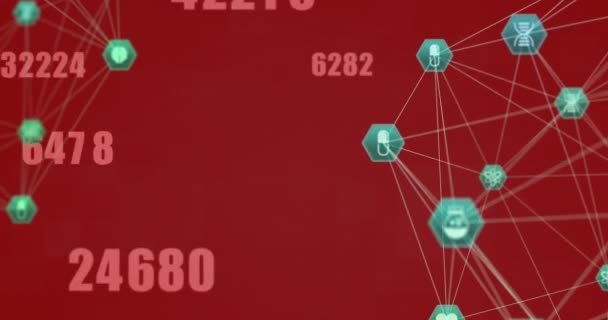 Animacja Wielu Zmieniających Się Liczb Połączonych Ikon Globusów Czerwonym Tle — Wideo stockowe