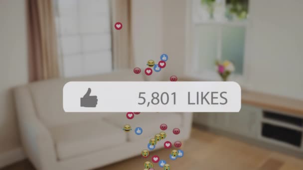 Animation Likes Growing Number Emoji Icons Living Room Interior Social — Stock Video