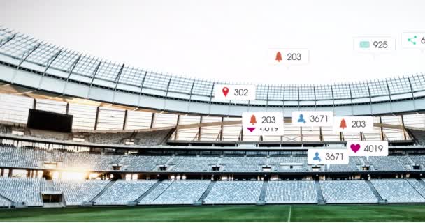 Spor Stadyumu Mavi Gökyüzüne Karşı Yüzen Sosyal Medya Ikonlarının Animasyonu — Stok video