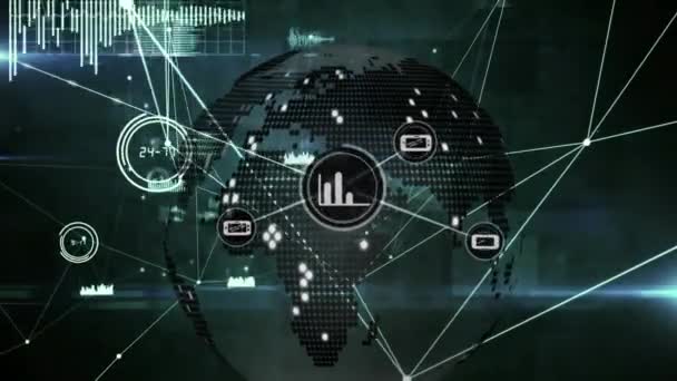 Animacja Sieci Połączeń Ikonami Globie Serwerach Komputerowych Połączenia Globalne Interfejs — Wideo stockowe