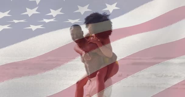 Animazione Bandiera Degli Stati Uniti Felice Coppia Afro Americana Innamorata — Video Stock