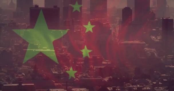 Animação Bandeira China Sobre Paisagem Urbana Conceito Global Negócios Finanças — Vídeo de Stock