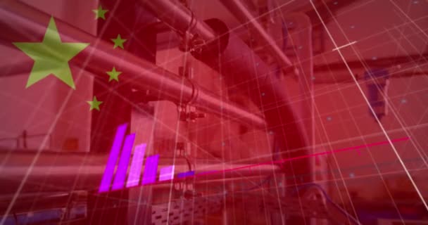 財務データ処理のアニメーション 倉庫上の中国の旗 グローバルビジネス データ処理 グローバルエコノミーのコンセプトをデジタル生成したビデオ — ストック動画