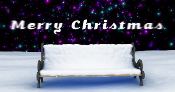 Mutlu Noeller Metni Kar Arkaplanındaki Bank Animasyonu Noel Gelenek Kutlama — Stok video