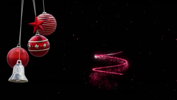 Анимация Рождественских Безделушек Украшает Елку Черном Фоне Рождество Традиции Концепция — стоковое видео