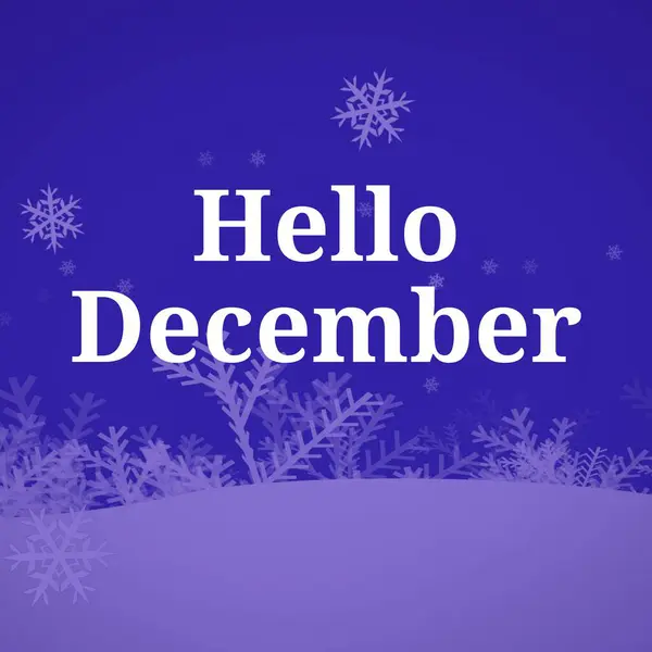 Olá Texto Dezembro Azul Com Flocos Neve Natal Roxo Paisagem — Fotografia de Stock