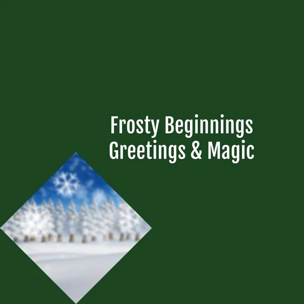 霜の始まりと雪の冬の風景の背景に魔法のテキストが含まれています クリスマス 12月 お祝いのコンセプトデジタル生成画像 — ストック写真