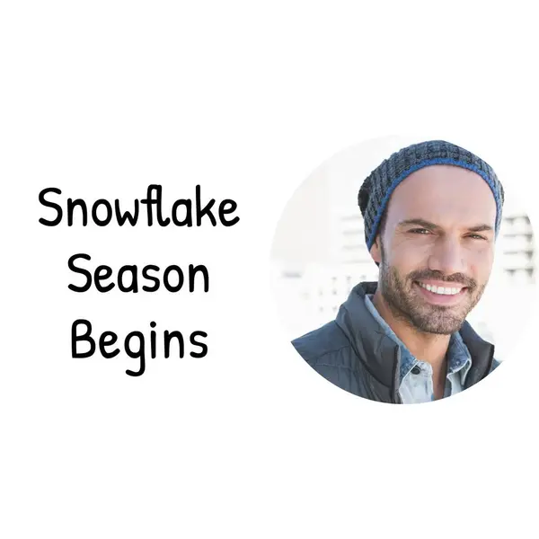 雪花季节的复合开始于头戴冬季帽子的高加索人身上的文字 12月 圣诞节 庆祝和冬季概念数字生成的图像 — 图库照片
