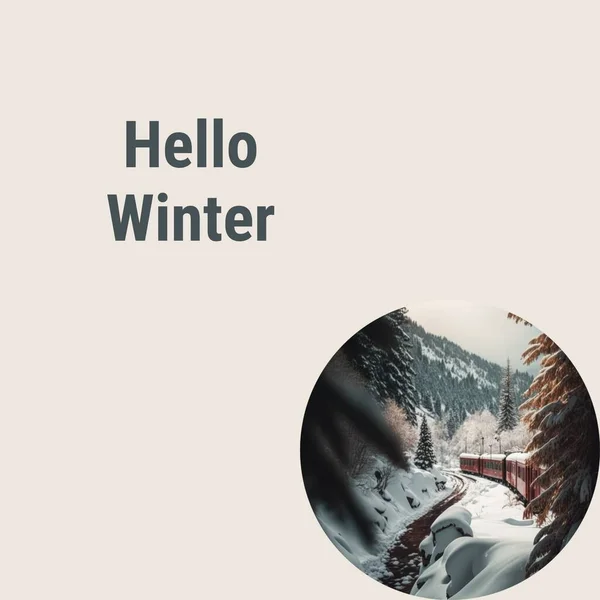 Hello winter text with snow covered train and christmas trees in winter landscape. Celebration of winter, nature, weather, greeting and christmas season, digitally generated image.