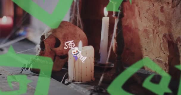 ハッピーハロウィーンのテキストとハロウィーンの装飾のアニメーション ハロウィーン お祝いのコンセプトデジタル生成ビデオ — ストック動画