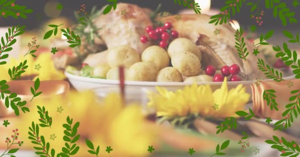 Animation Von Herbstblättern Über Dem Hintergrund Des Erntedankmahls Thanksgiving Amerikanische — Stockvideo