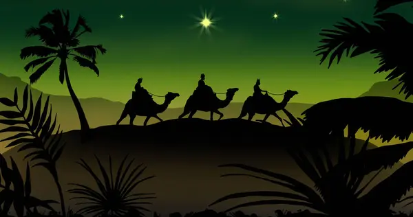 Three wise men on camels on green background. Nativity, christmas, tradition and celebration concept digitally generated image.