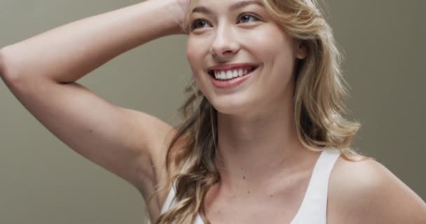 Portrait Smiling Caucasian Woman Blond Hair Copy Space Slow Motion — Stock Video
