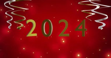 Kırmızı arkaplanda 2024 yazı, altın ve gümüş flamalar animasyonu. Yeni yıl, yeni yıl arifesi, gelenek ve kutlama konsepti dijital olarak oluşturulmuş video.