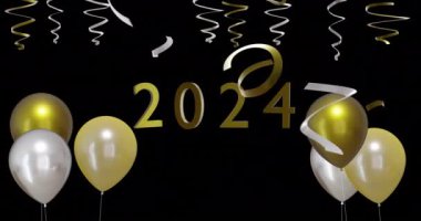 2024 metnin animasyonu, altın ve gümüş flamalar, siyah arka planda balonlar. Yeni yıl, yeni yıl arifesi, gelenek ve kutlama konsepti dijital olarak oluşturulmuş video.