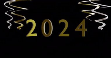 2024 metnin animasyonu, siyah arkaplanda altın ve gümüş flamalar. Yeni yıl, yeni yıl arifesi, gelenek ve kutlama konsepti dijital olarak oluşturulmuş video.