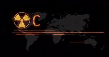Animasyon radyasyon uyarı sembolü, harita üzerinde acil eylem uyarısı gerektiriyor. Dijital olarak üretilen hologram, illüstrasyon, radyoaktif, tehlike, risk, soyut ve küresel konsept.