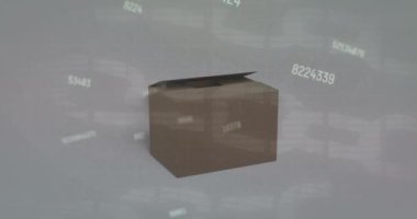 Karton kutunun üzerinden beyaz arka plana karşı blok zinciri ve değişen numaraların animasyonu. Dijital bileşik, çoklu pozlama, iş, büyüme, kripto para birimi ve dağıtım konsepti.