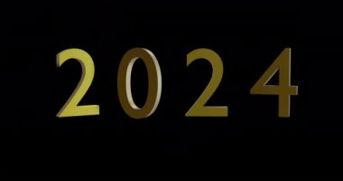 Siyah arkaplanda dönen altın 2024 metin animasyonu. Yeni yıl, yeni yıl arifesi, gelenek ve kutlama konsepti dijital olarak oluşturulmuş video.