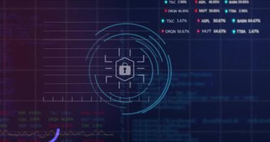 Altıgendeki asma kilit animasyonu, grafikler, alım satım tahtaları ve bilgisayar dili siyah arkaplan üzerinde. Dijital olarak üretilmiş, hologram, koruma, rapor, iş dünyası, borsa, kodlama ve teknoloji.