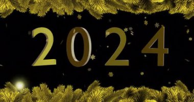 2024 metnin animasyonu ve siyah zemin üzerinde altın köknar ağacı dalları. Yeni yıl, yeni yıl arifesi, gelenek ve kutlama konsepti dijital olarak oluşturulmuş video.