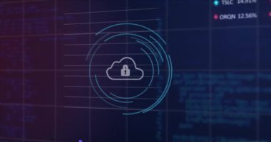 Siyah arkaplan üzerinde asma kilidin, grafiklerin, alım satım tahtalarının ve bilgisayar dilinin animasyonu. Dijital olarak üretilmiş, hologram, koruma, rapor, iş dünyası, borsa, kodlama ve teknoloji.