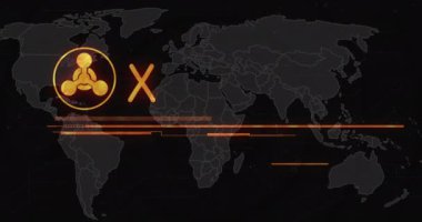 Soyut uyarı sembolünün animasyonu, harita üzerinde kırmızı alarm acil eylem gerektiriyor. Dijital olarak üretilen hologram, illüstrasyon, radyoaktif, tehlike, risk, soyut ve küresel konsept.