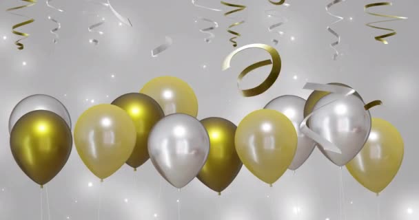 Анімація Золотих Срібних Кульок Вечірніми Стримерами Срібному Фоні Новий Рік — стокове відео