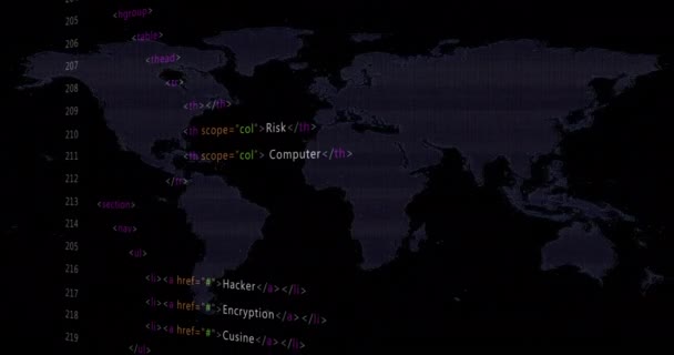 컴퓨터 언어와 지도의 애니메이션 디지털 홀로그램 일러스트레이션 프로그래밍 글로벌 — 비디오
