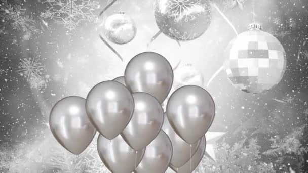 Animatie Van Zilveren Ballonnen Met Spiegelbal Zilveren Achtergrond Nieuwjaar Oudejaarsavond — Stockvideo