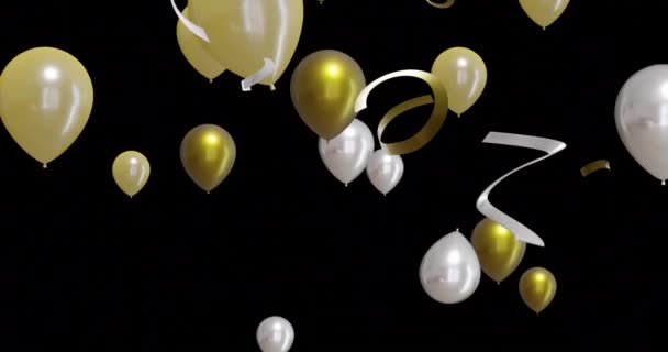 在黑色背景上的金色和银色气球和派对彩旗的动画 新年前夜派对 传统和庆祝理念数码制作的视频 — 图库视频影像
