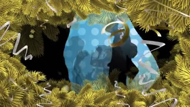 Animation Party Streamers Gold Fir Tree Branches People Dancing Background — Stock Video