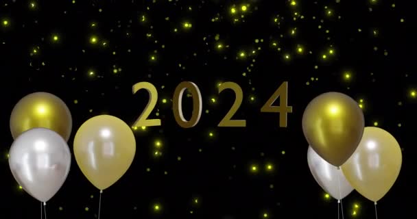 Анімація 2024 Тексту Золотих Срібних Кульок Чорному Тлі Новий Рік — стокове відео