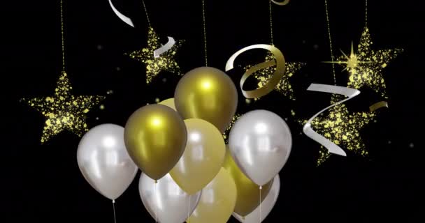 Анімація Золотих Срібних Кульок Вечірніми Стримерами Чорному Тлі Новий Рік — стокове відео