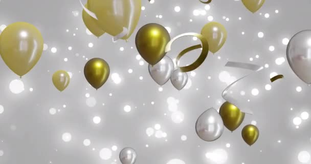 金色和银色气球在白色背景上的动画 新年前夕 传统和庆祝概念数码制作的视频 — 图库视频影像