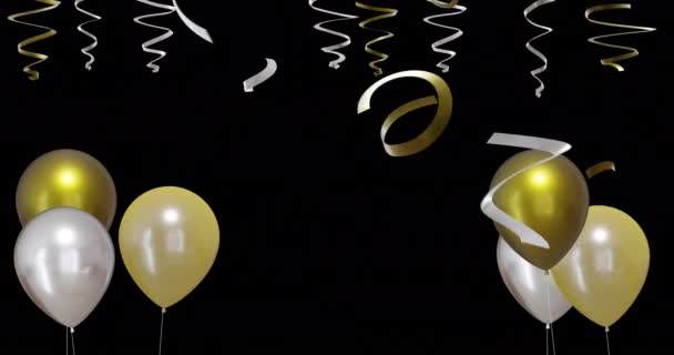 Animacja Złotych Srebrnych Balonów Serpentynami Czarnym Tle Nowy Rok Sylwester — Wideo stockowe