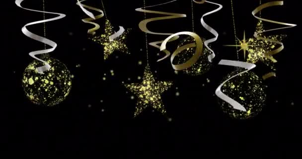 Анимация Золотых Серебряных Лент Фейерверками Черном Фоне Новый Год Канун — стоковое видео