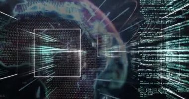 Dönen dünya üzerindeki ışık yollarına karşı veri işleme arayüzünün animasyonu. Bilgisayar arayüzü ve iş teknolojisi kavramı