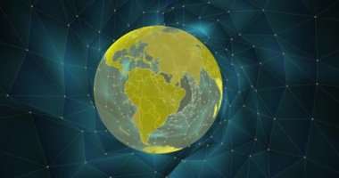 Bağlantılar ağının animasyonu ve pürüzsüz desenli tünele karşı dönen dünya. Küresel ağ ve iş teknolojisi kavramı