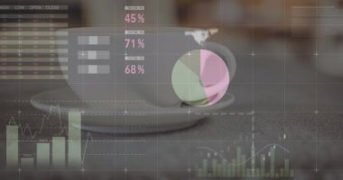 Tabletteki kahve fincanının kapatılmasıyla istatistiksel veri işleme animasyonu. Bilgisayar arayüzü ve iş veri teknolojisi kavramı