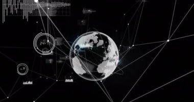 Kara zemin üzerinde dönen dünya üzerindeki veri işleme ve bağlantı ağının animasyonu. Küresel ağ ve iş teknolojisi kavramı
