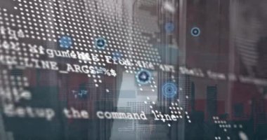 Yuvarlak tarayıcıların animasyonu, veri işleme ve bilgisayar sunucu odasında dünya haritası. Bilgisayar arayüzü ve iş veri depolama teknolojisi kavramı