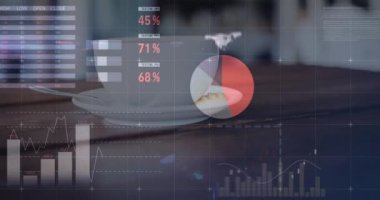 Tabletteki kahve fincanının kapatılmasıyla istatistiksel veri işleme animasyonu. Bilgisayar arayüzü ve iş veri teknolojisi kavramı
