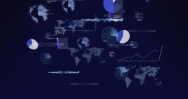 Dönen dünyanın animasyonu, dünya haritası ve mavi arka planda veri işleme. Bilgisayar arayüzü ve iş teknolojisi kavramı