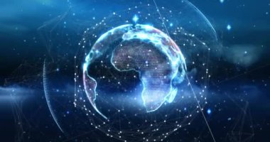 Animation of network of connections and light trails over spinning globe against blue background. Global networking and business technology concept