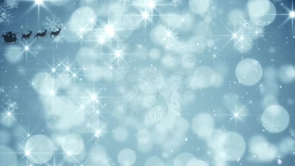 Анимация Снега Падающего Санта Клауса Санях Вытянутых Северными Оленями Против — стоковое видео