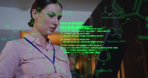 Animation Chemical Structures Caucasian Female Engineer Using Laptop Server Room — Stock Video