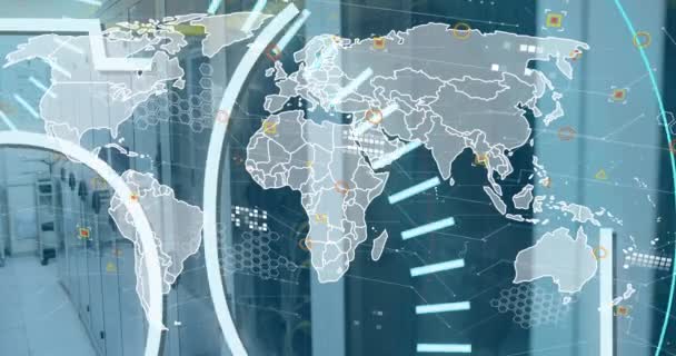 Анімація Текстового Банера Круглому Сканері Карта Світу Проти Комп Ютерного — стокове відео
