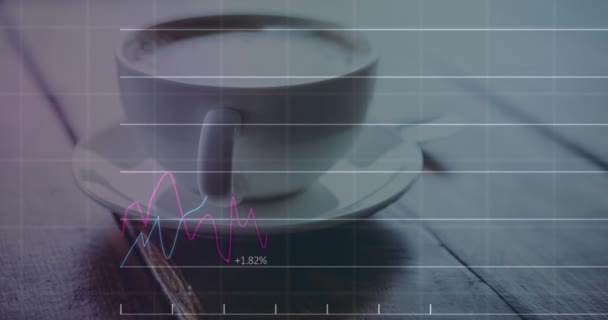 Animace Zpracování Statistických Údajů Proti Uzavření Šálku Kávy Tabletu Koncept — Stock video